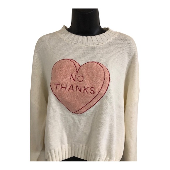 Jessica Simpson cream pink tufted embroidered heart No Thanks sweater size M - Picture 9 of 12